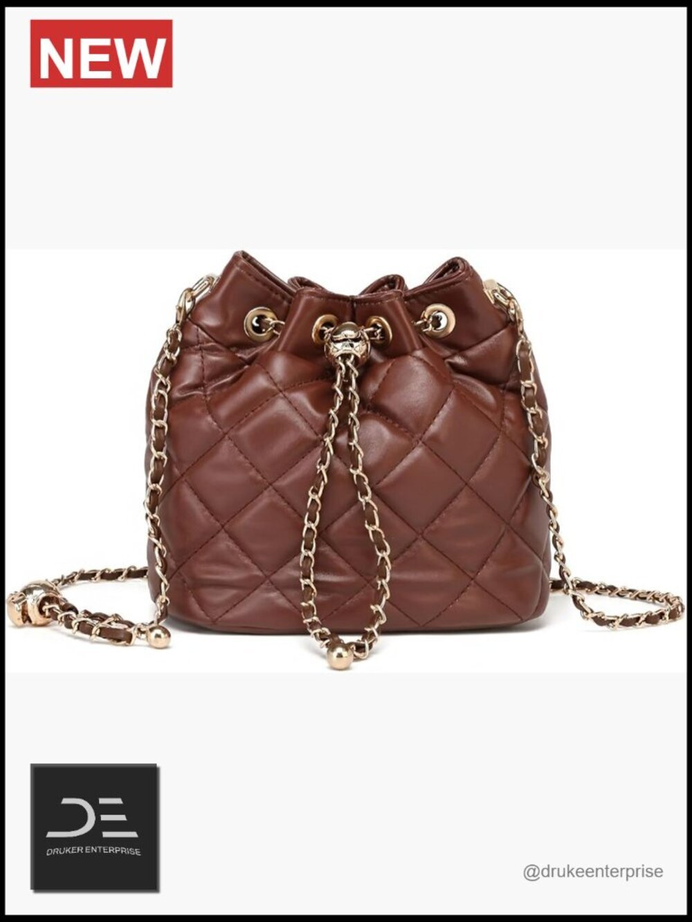 Quilted Leather Bucket Bag with Chain Strap Crossbody Shoulder Purse